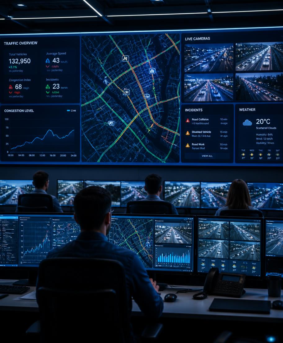 Operators in a control room monitoring live traffic analytics