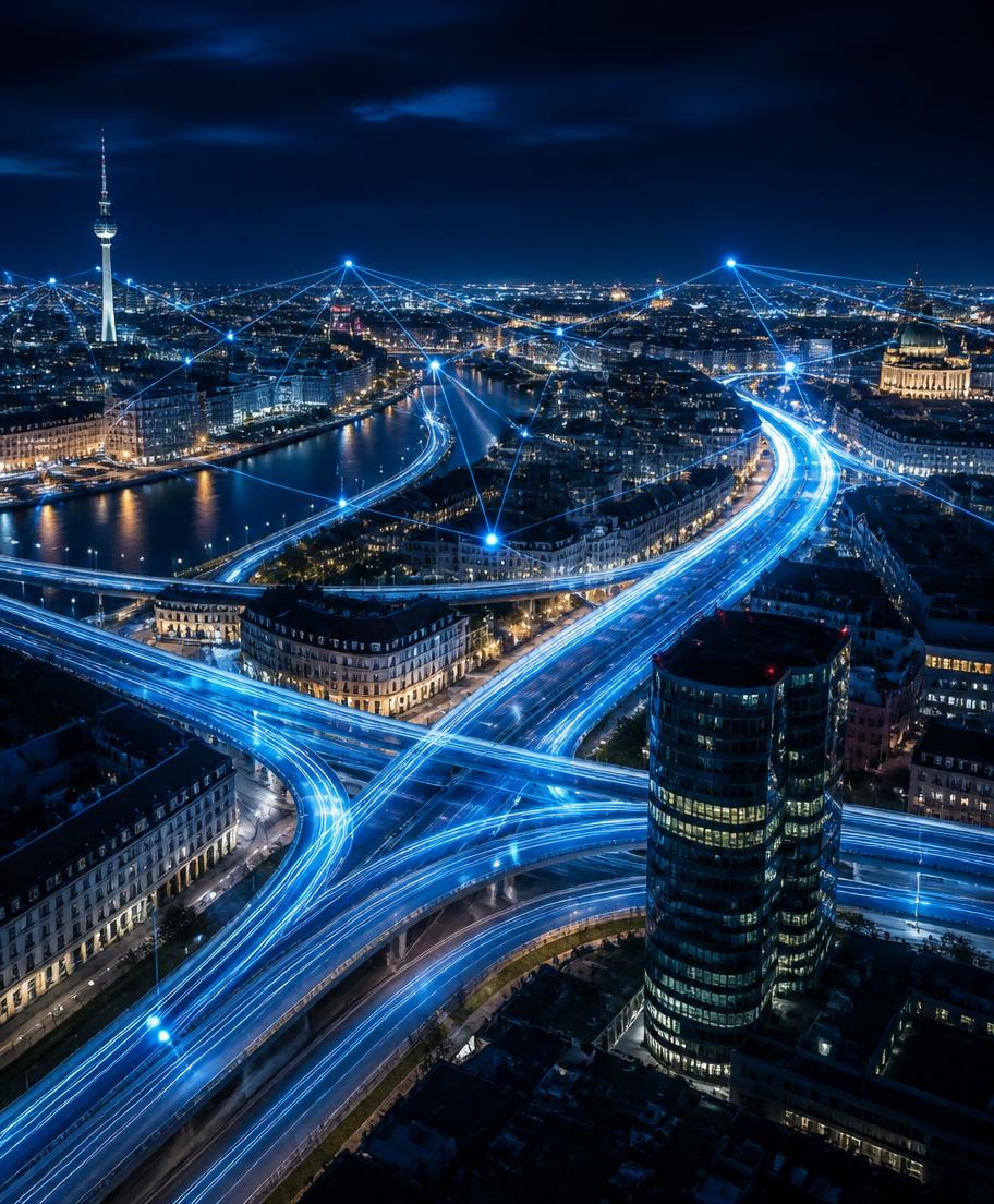 Aerial night view of a connected city with traffic light trails